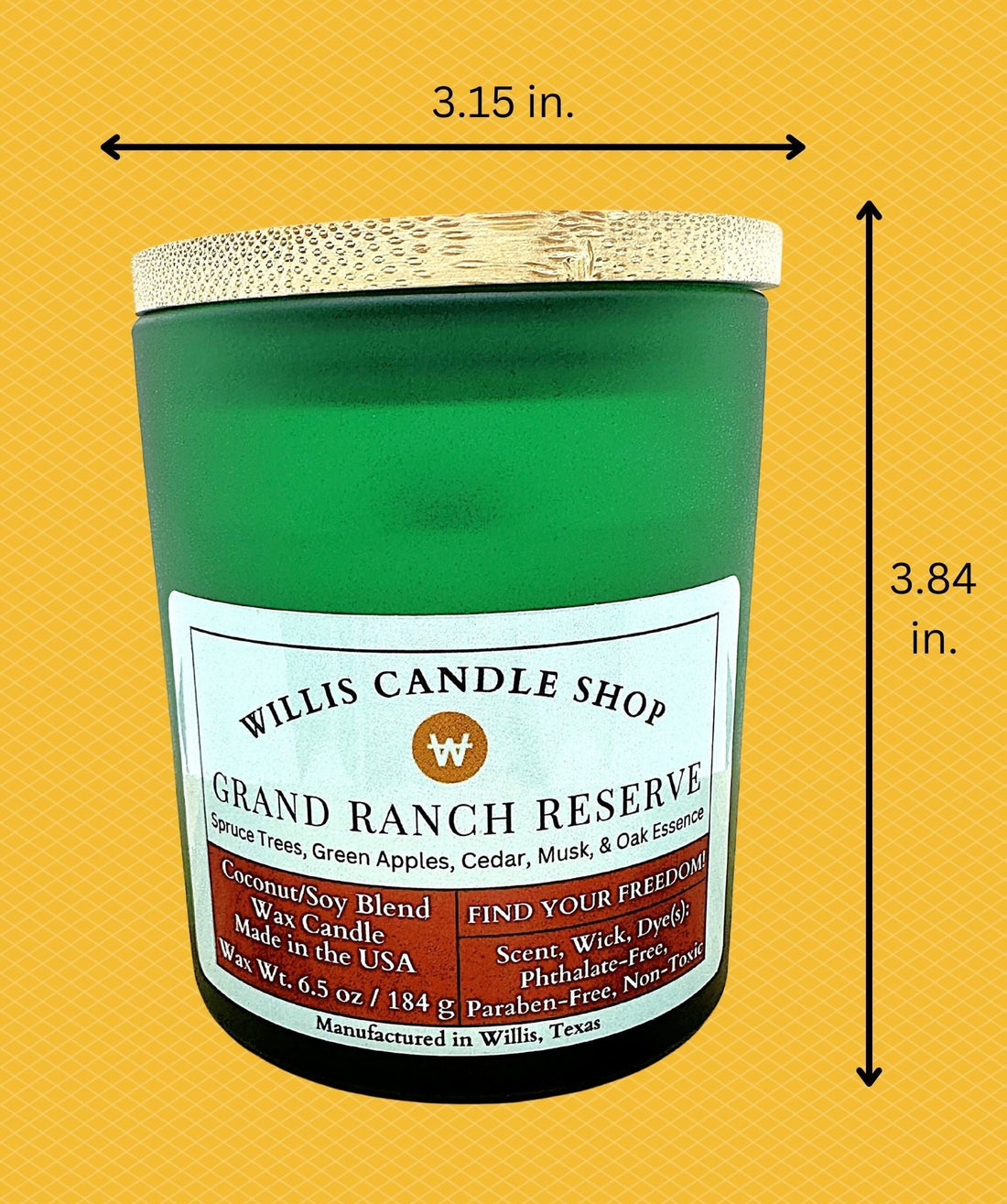 Green frosted glass candle with bamboo lid and measurements.