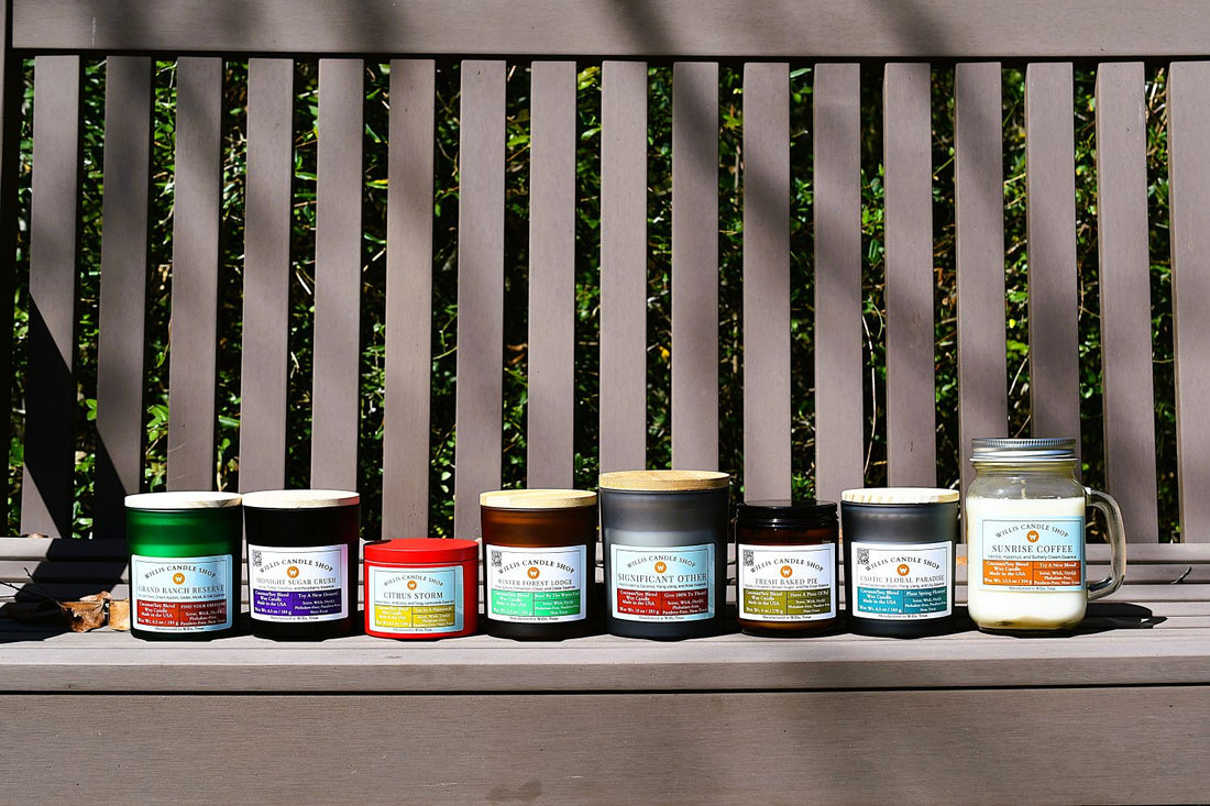 Scented candle collection on a bench in Willis, Texas.