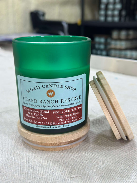 Grand Ranch Reserve candle with wood wick candle option at Willis Candle Shop.