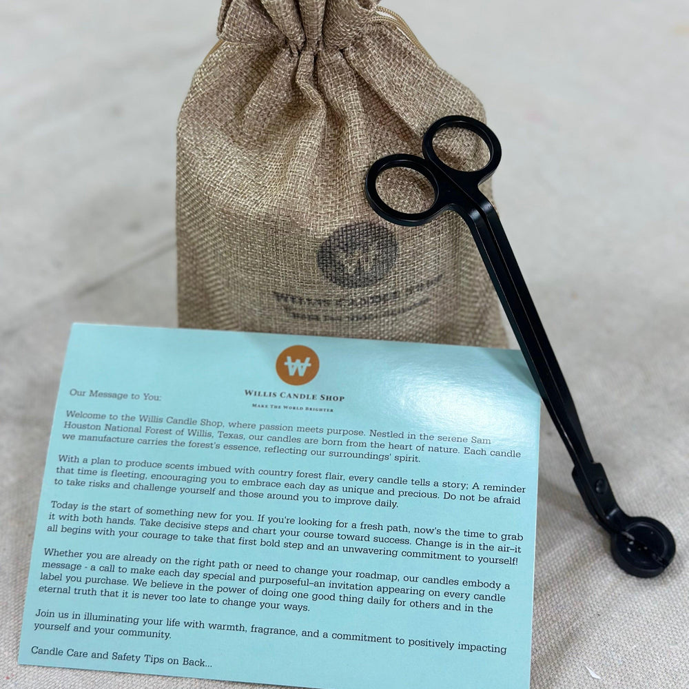 Candle care card and wick trimmers for scented candles at Willis Candle Shop.