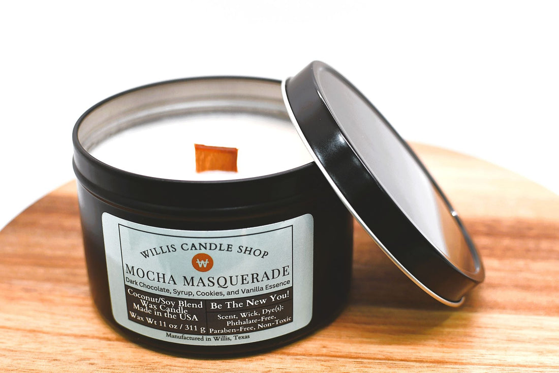 Black tin candle with wood wick and black slip-on lid.