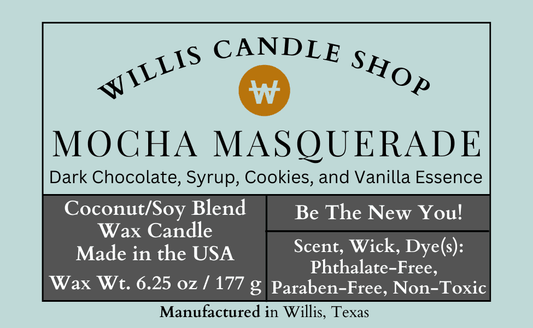 Mocha Masquerade scented candle label