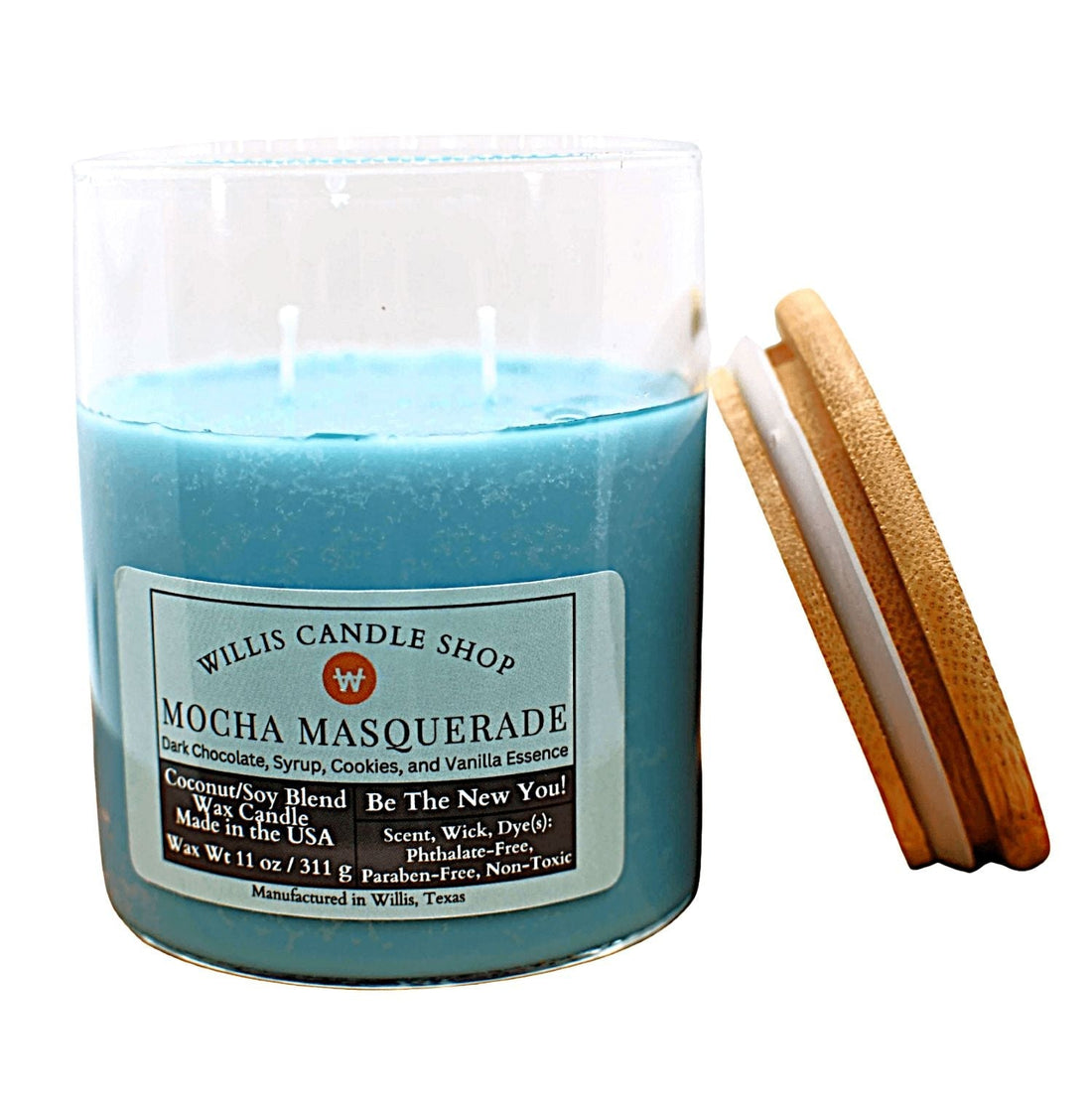 Clear glass candle with Mocha Masquerade scent and bamboo lid.