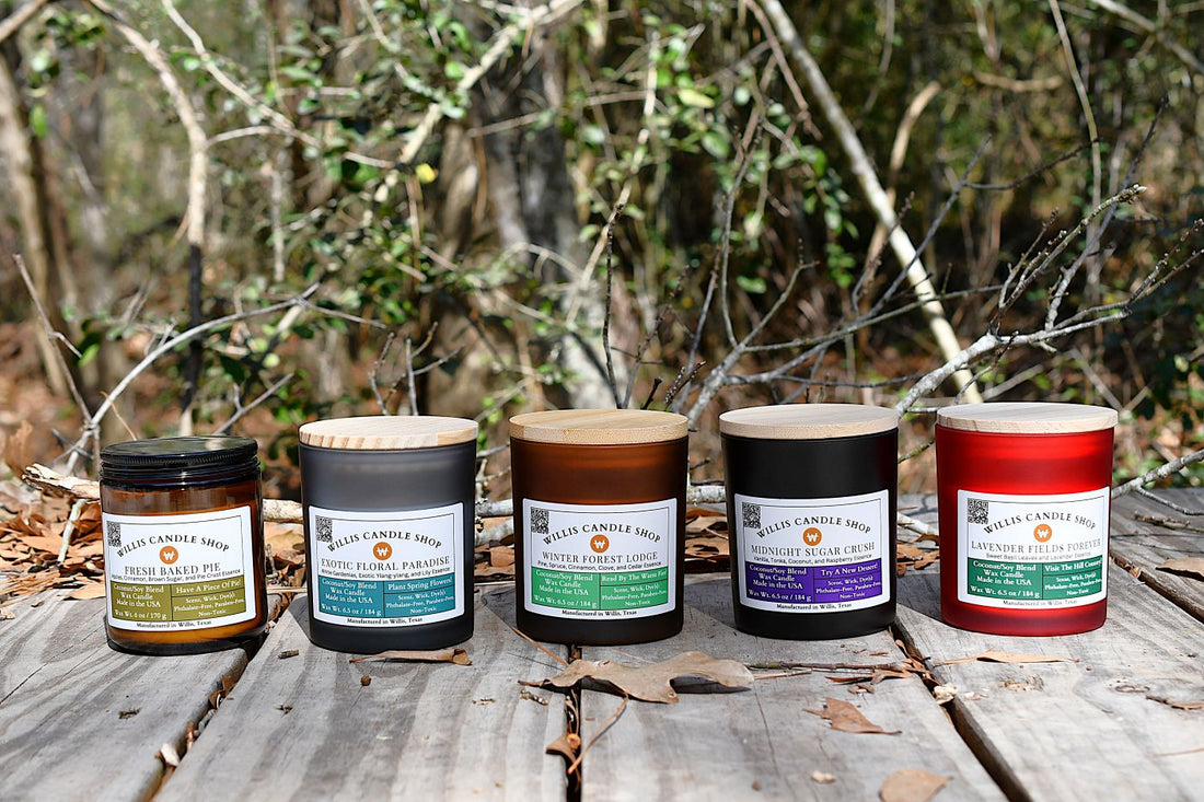 Scented Candles staged on a bridge at the Willis Candle Shop.