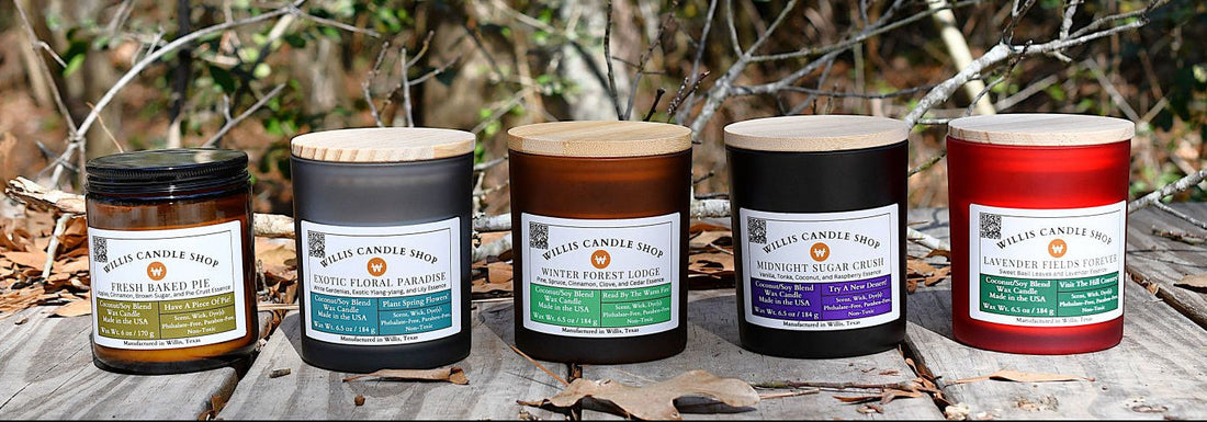 Scented candle collection on a bridge in Willis, Texas.