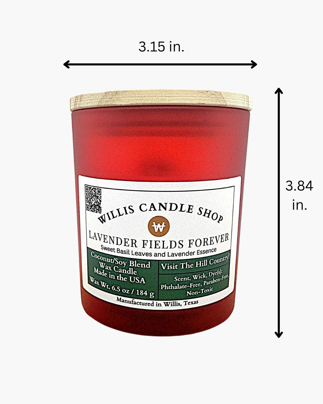 Red frosted glass candle with bamboo lid, lavender scent and measurements.