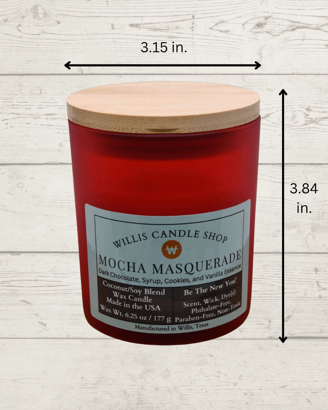 Red frosted glass candle with bamboo lid and measurements.