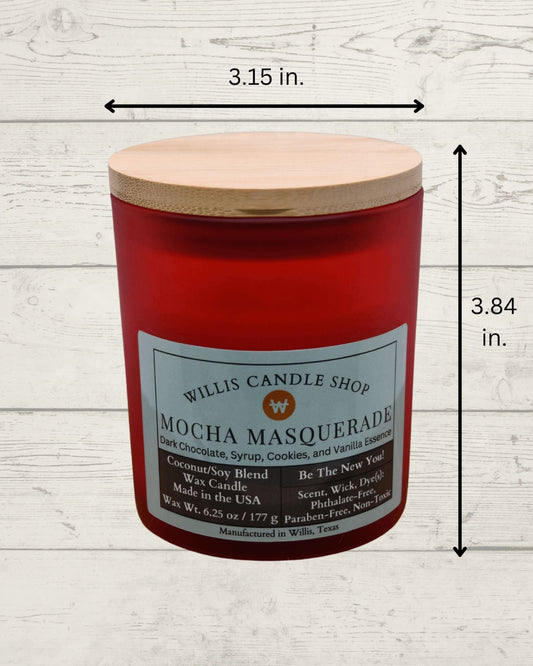 Red frosted glass candle with Mocha Masquerade scent and bamboo lid.