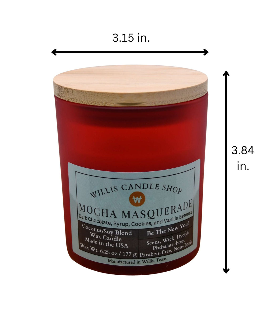 Red frosted glass candle with bamboo lid and measurements.