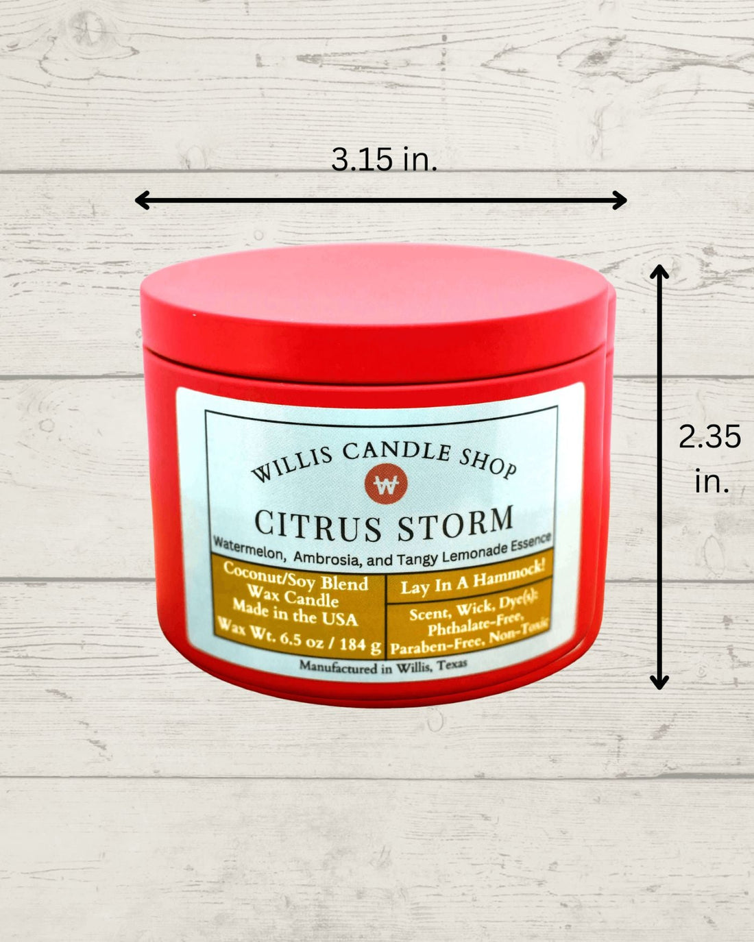 Red tin candle with Citrus Storm fragrance and measurements.
