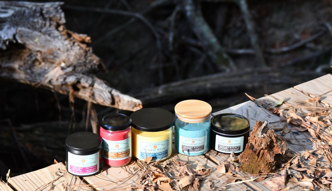 Scented candle collection on a bridge in Willis, Texas.
