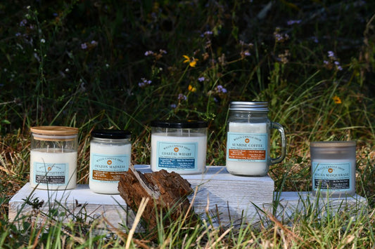 White wax candles on display as aroma candles in Willis, Texas.