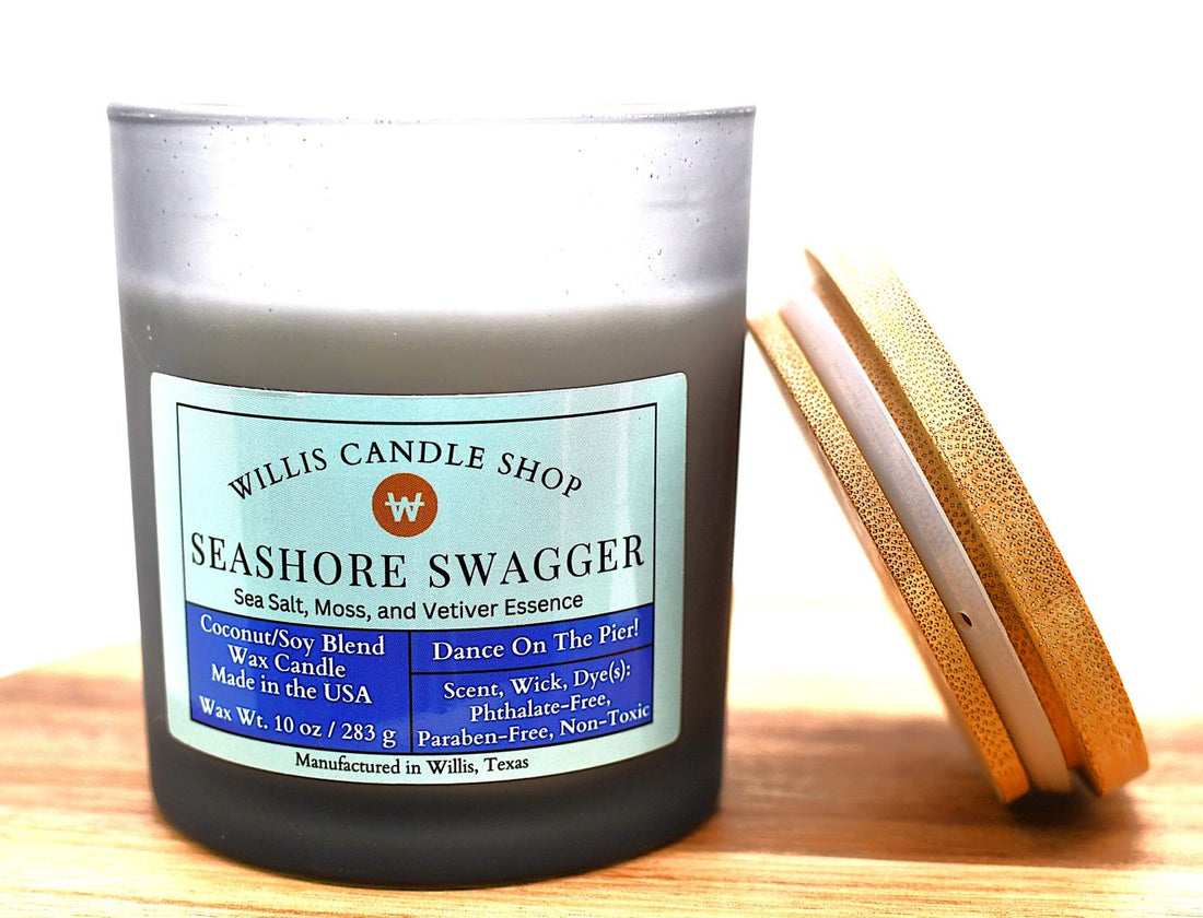 Seashore Swagger scented candle with bamboo lid at the Willis Candle Shop.