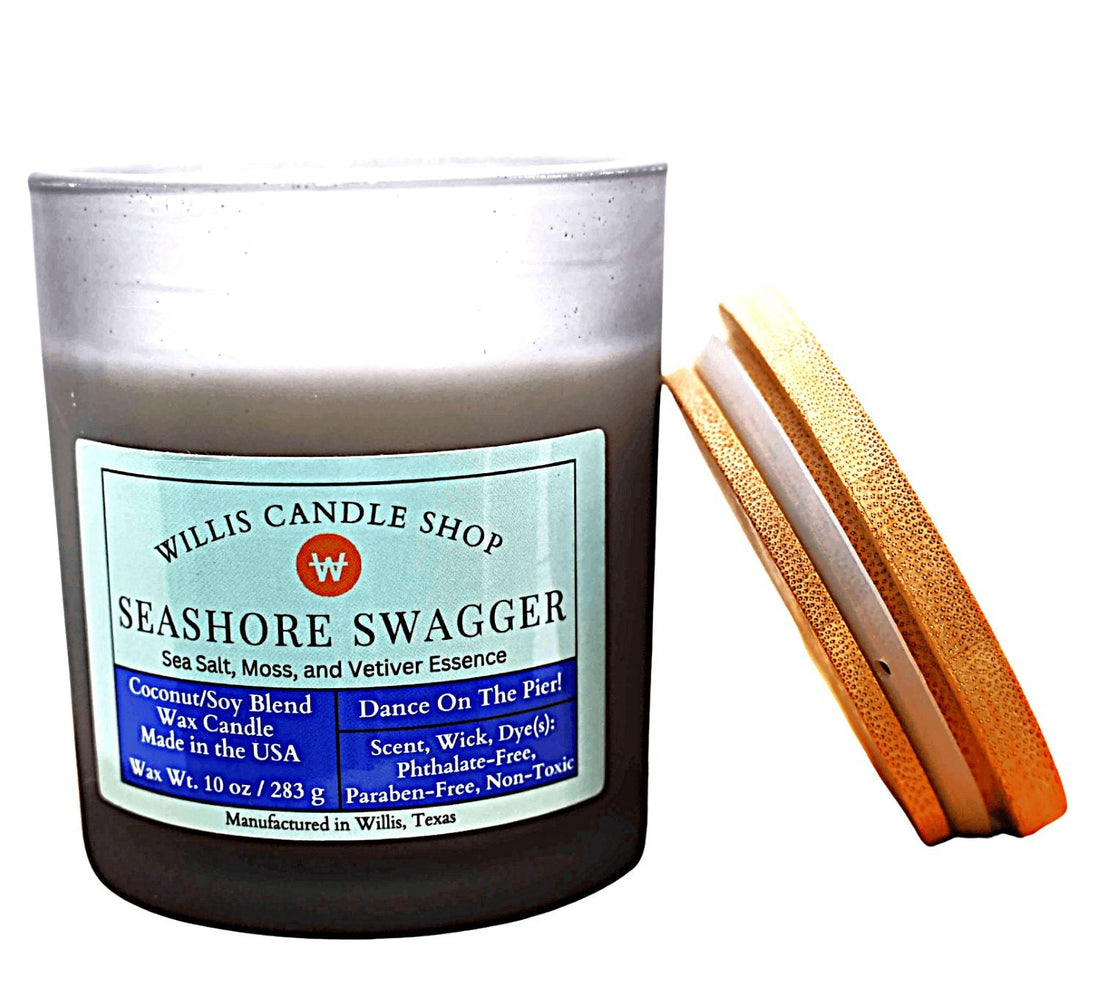 Black frosted glass candle with bamboo lid and Seashore Swagger scent.