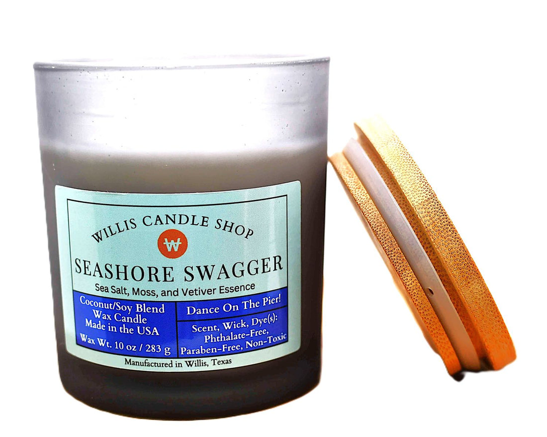 Seashore Swagger fragrance in a black frosted glass candle option and bamboo lid.