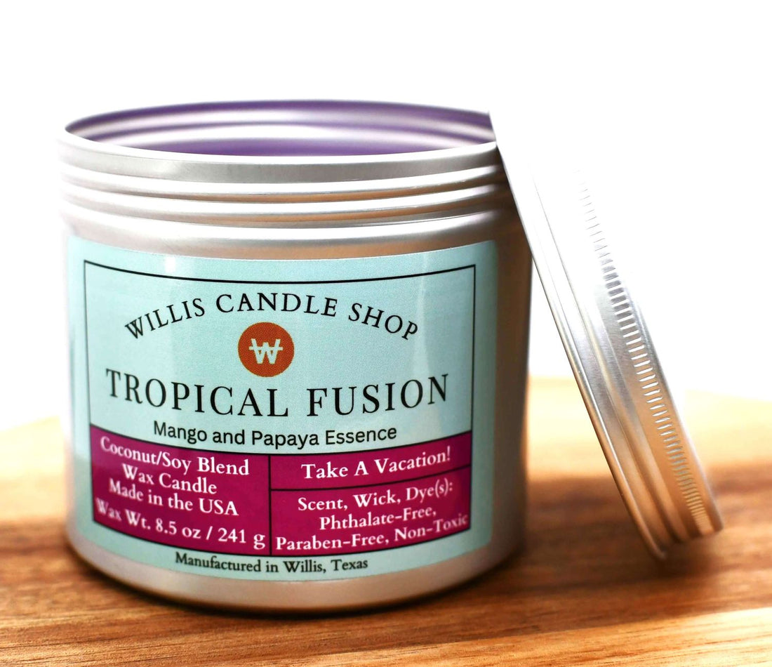 Silver tin candles with Tropical Fusion scent and lid.