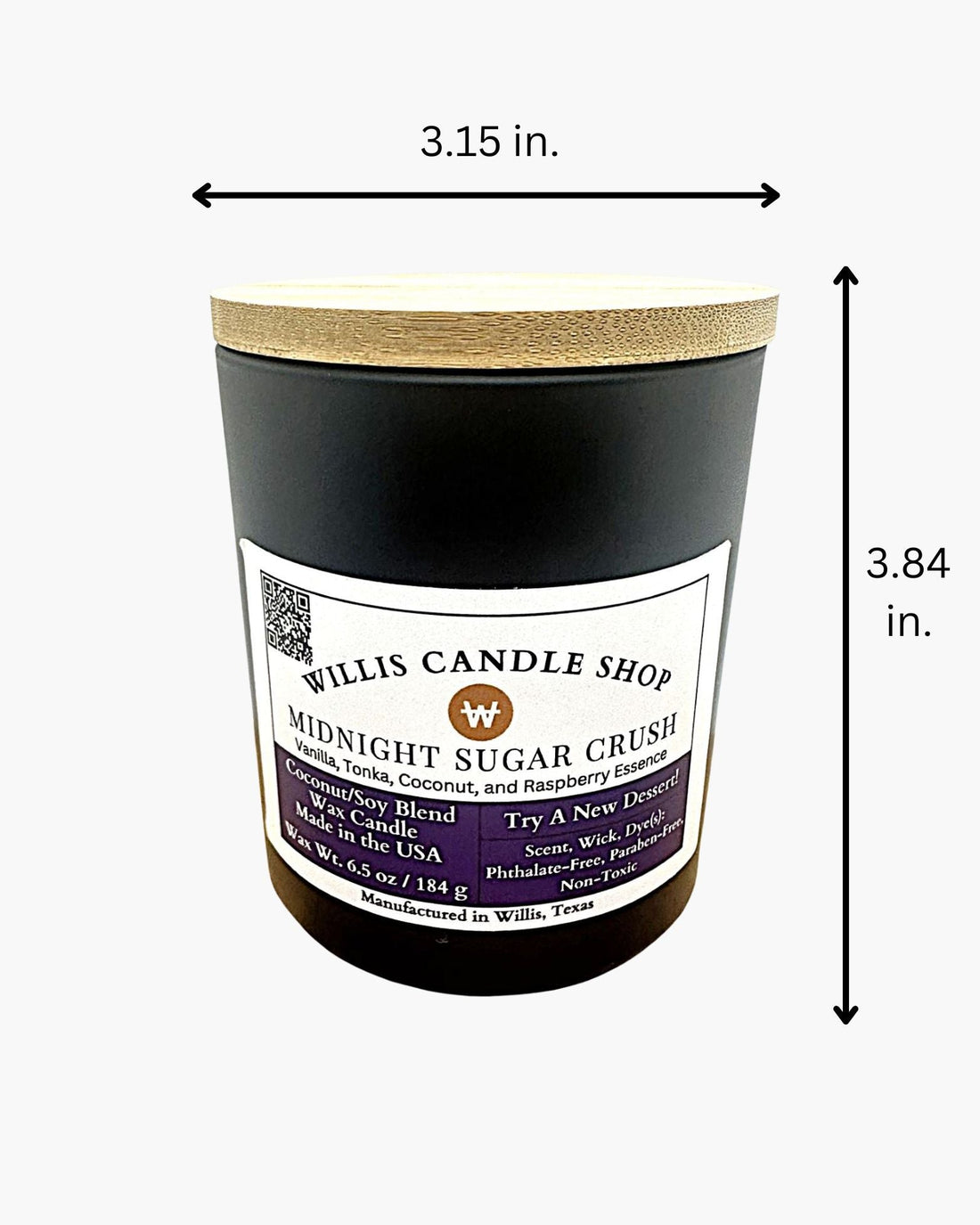Black glass candle with bamboo lid and Midnight Sugar Crush scent.