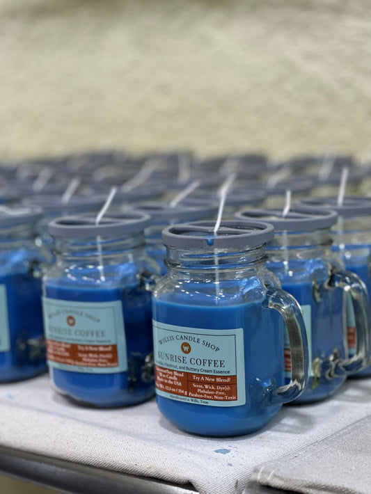 Sunrise Coffee candle with blue wax and single wick candle option ready for wick trimming.