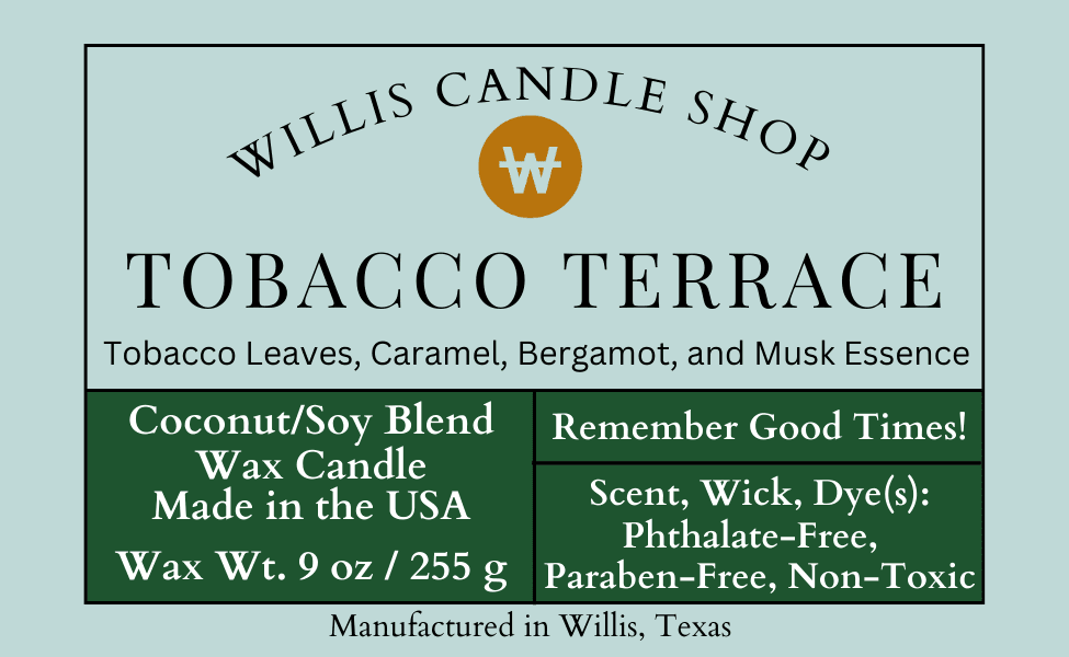 Tobacco candle label with scented candle details.