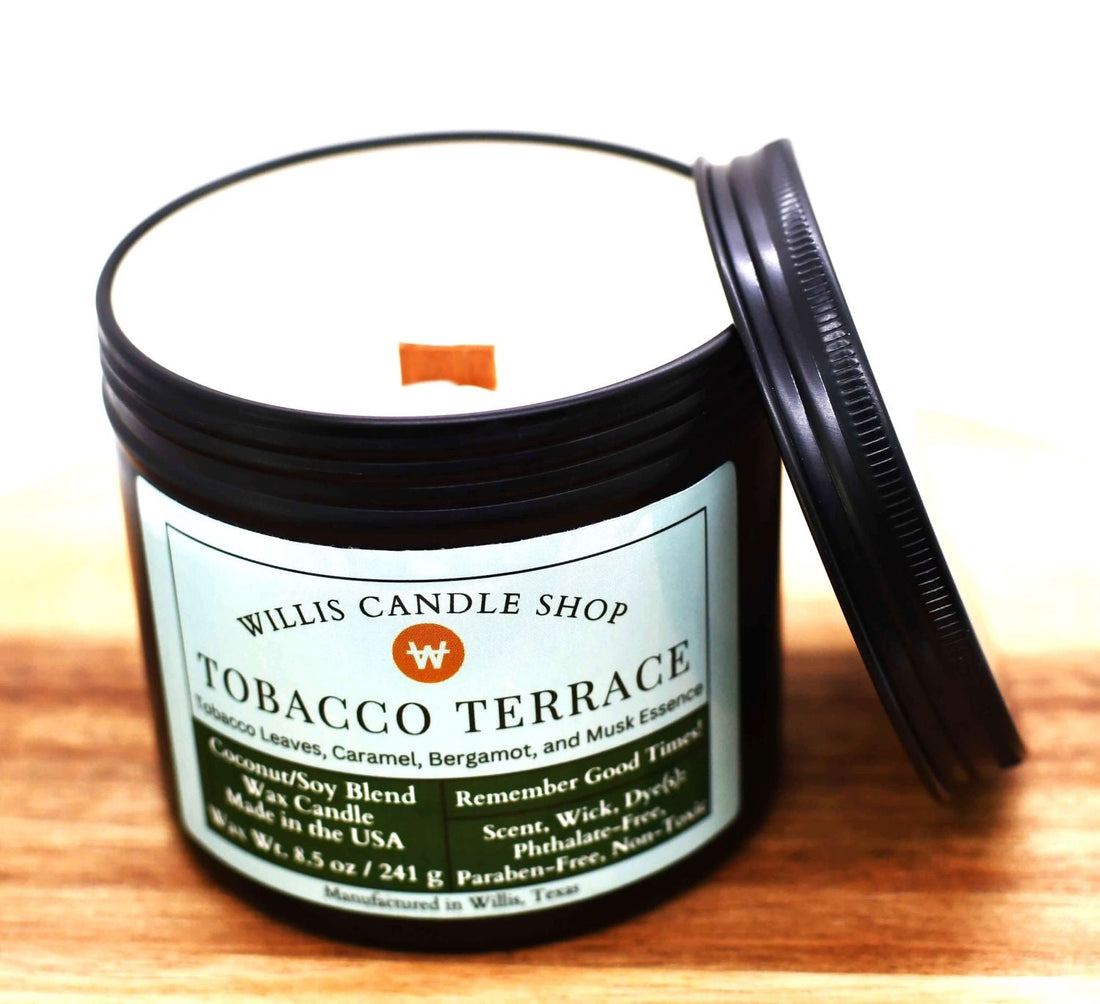 Tobacco candle with wood wick and white was candle option in a black tin.