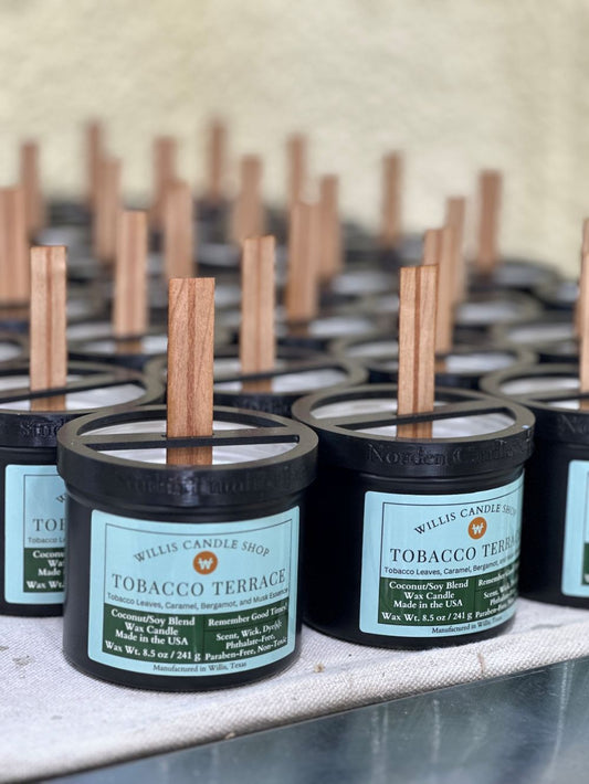 Tobacco Terrace candle with wooden wicks in production at the Willis Candle Shop.