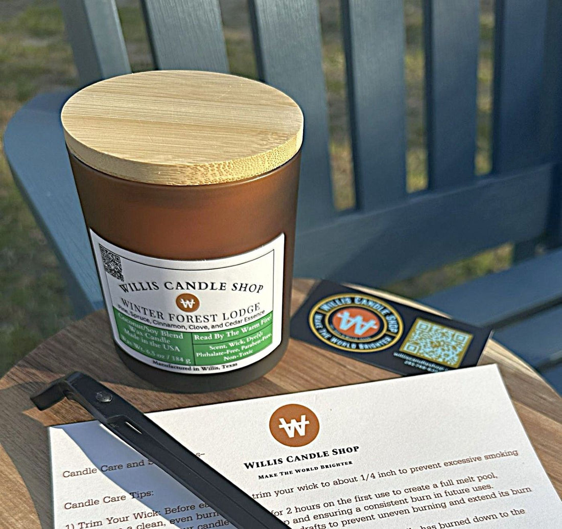Amber frosted glass candle with bamboo lid and candle care card.