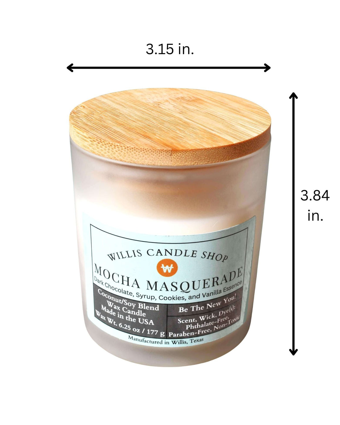 Container candle with non-toxic wax, wick, and fragrance oil.