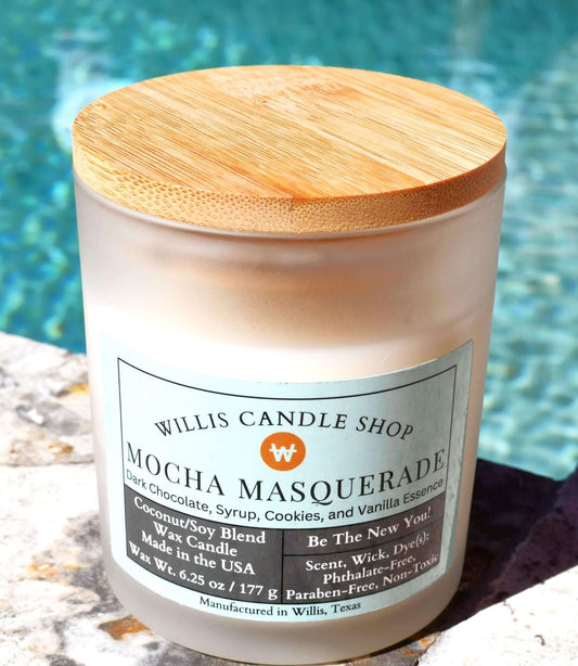 White frosted glass candle with Mocha Masquerade scent and bamboo lid.