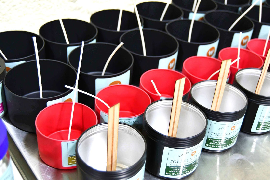 Candle production with an assortment of candle types at the Willis Candle Shop.