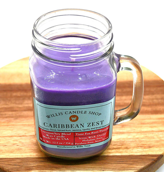 Sunrise Coffee candle with violet wax and a mug jar candle option.