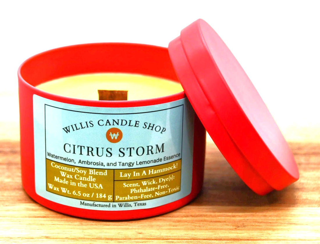 Citrus Storm scent in red tin with wood wick candle option.