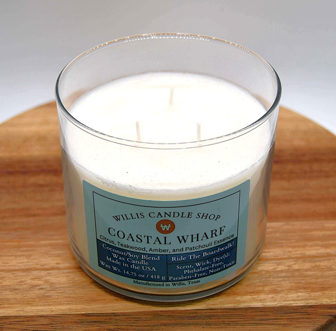 3 wick candle with white candle wax option and Coastal Wharf fragrance.