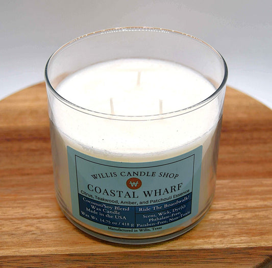 3 wick candle in glass candle container at Willis Candle Shop.
