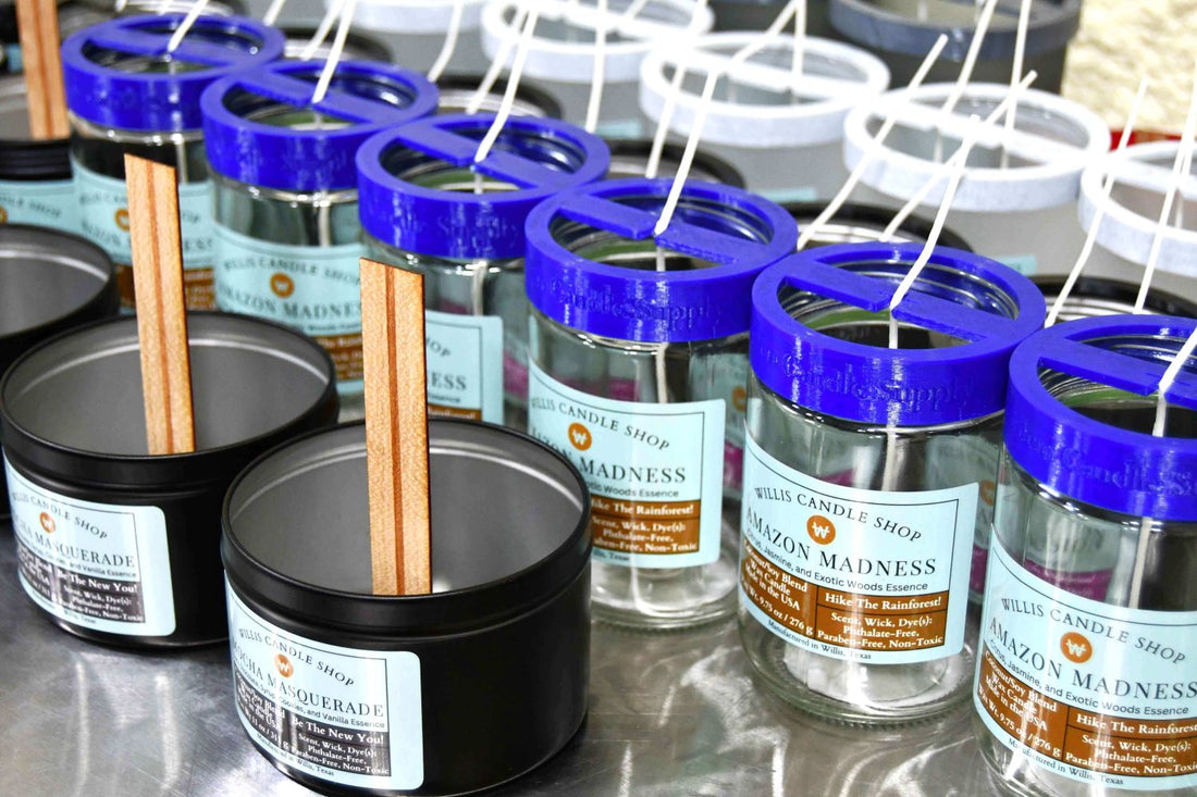 Candle production at the Willis Candle Shop with wood wick candles and cotton wick candles.