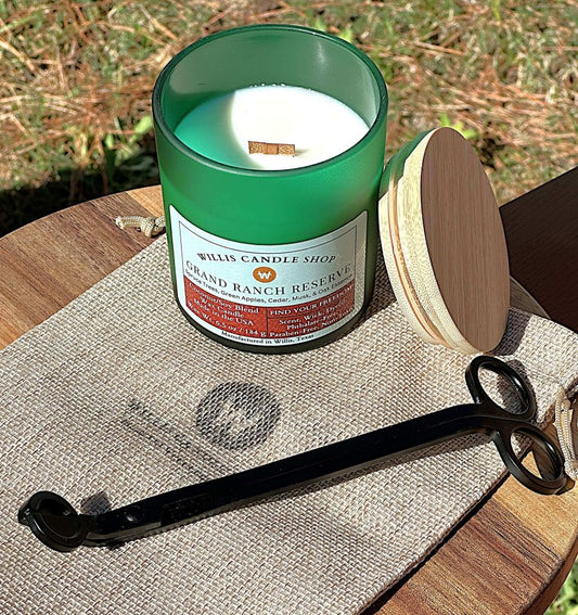 Grand Ranch Reserve dandle with wood wick candle option and bamboo lid.