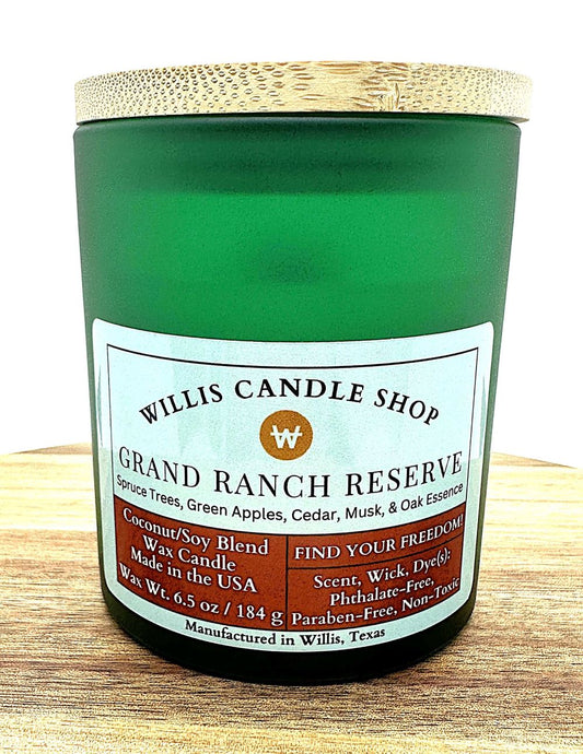 Grand Ranch Reserve candle with green frosted candle container.
