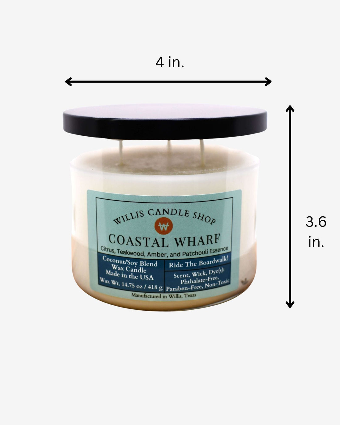 Coastal Wharf scent with 3 wick candle option and black lid with measurements.