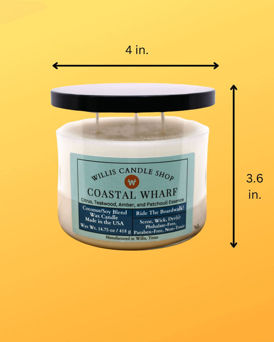 3 wick candle with Coastal Wharf scent and black slip-on lid.