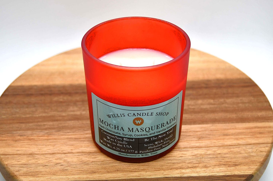Red frosted glass candle with double wick option and Mocha Masquerade scent.