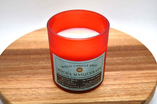 Red frosted glass candle with white wax candle option and Mocha Masquerade scent.