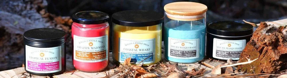 Colored candles on a bridge in Willis, Texas as part of the Willis Candle Shop's scented candle collection.