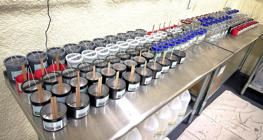 Candle production with a plethora of scented candles at the Willis Candle Shop in Willis, Texas.