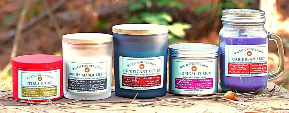 Scented candle collection on a table at the park in Willis, Texas.