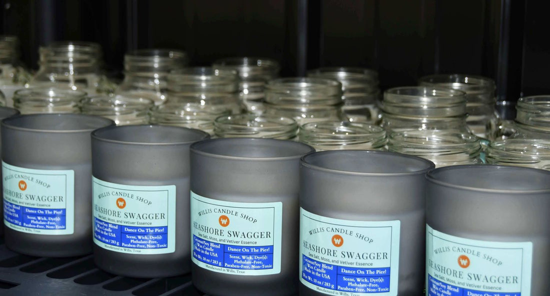 Seashore Swagger candles stored on a shelf at the Willis Candle Shop.