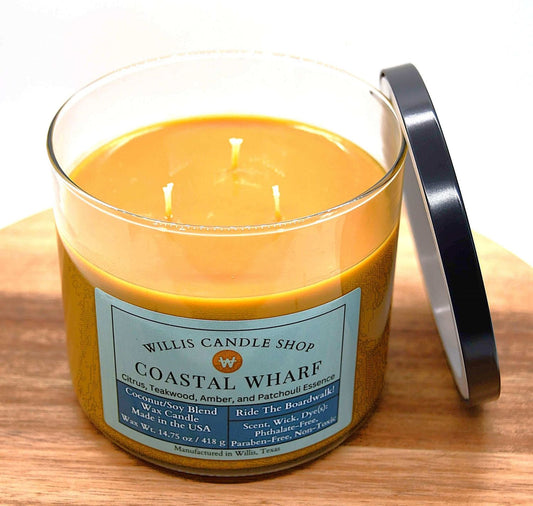 3 wick candle in glass candle option in Willis, Texas.