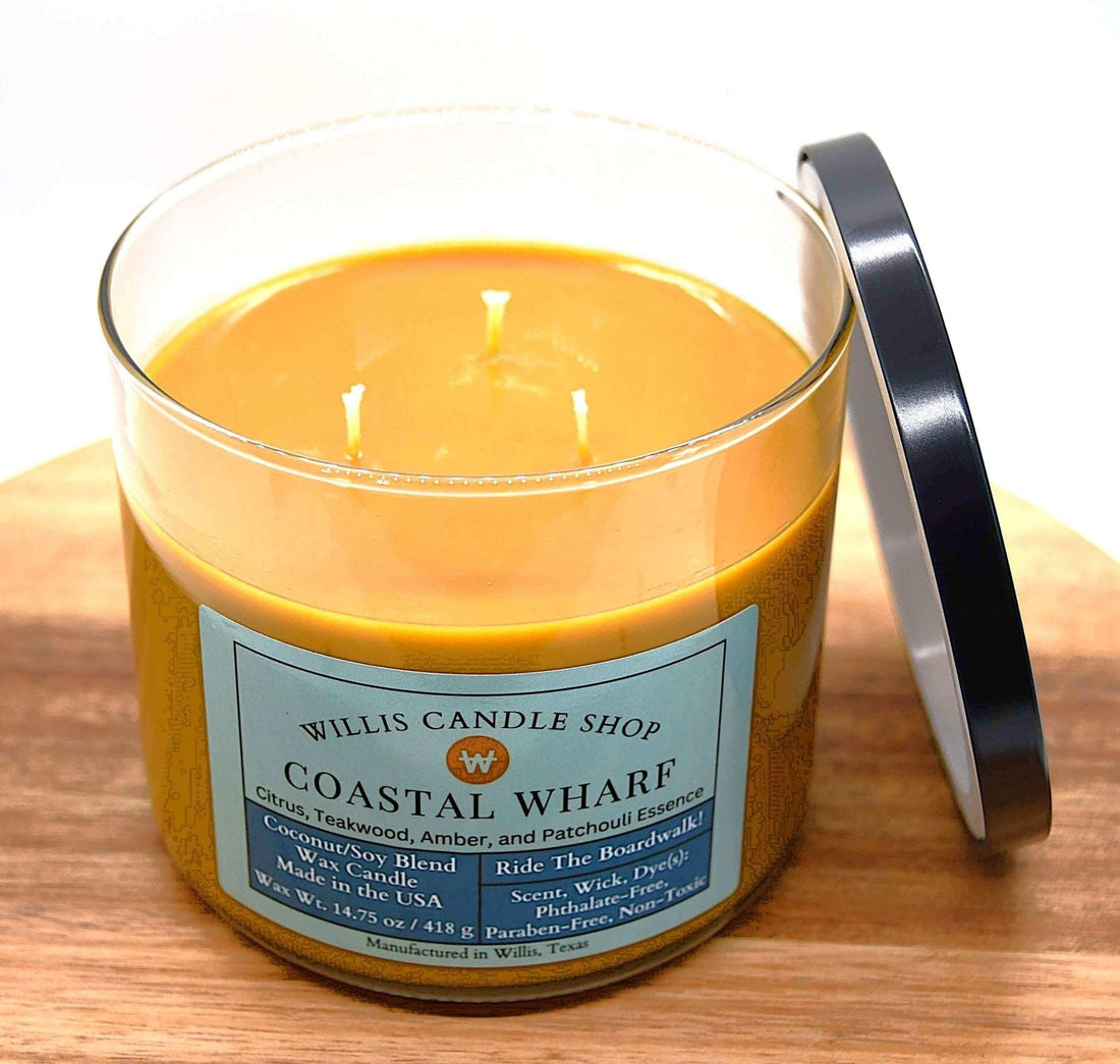 3 wick candle in clear glass candle option at Willis Candle Shop.