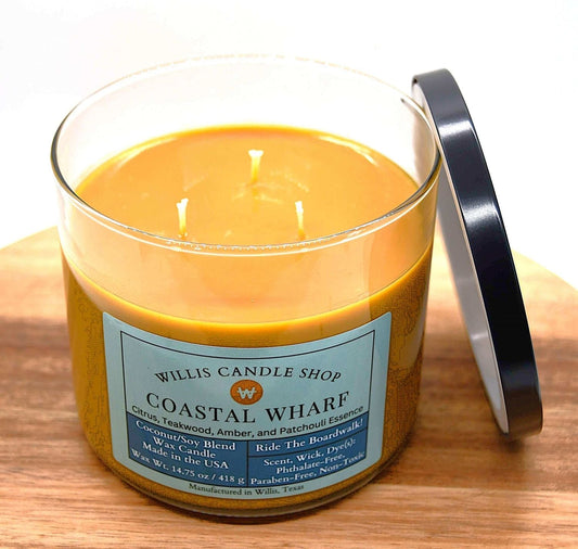 3 wick candle in clear glass candle option at Willis Candle Shop.