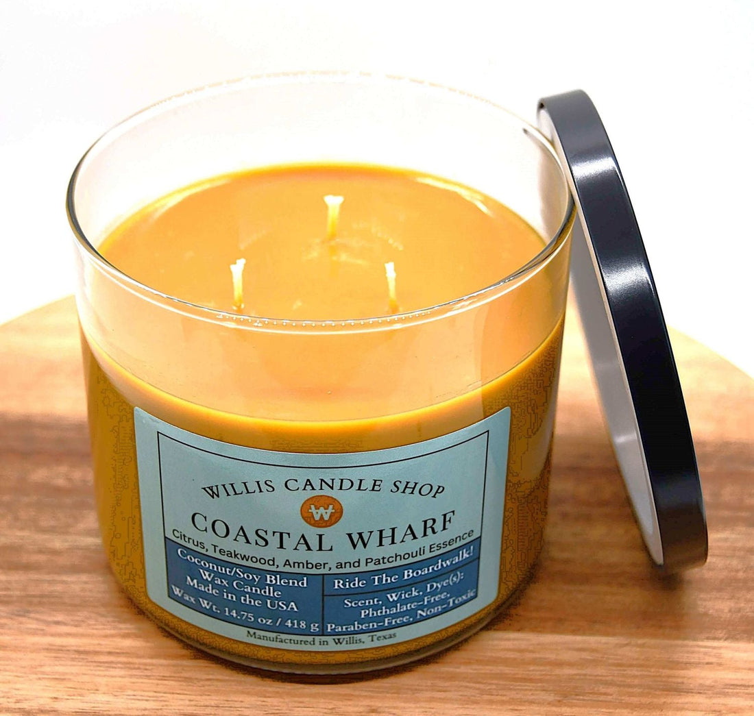 Burnt orange 3 wick candle option with Coastal Wharf fragrance.