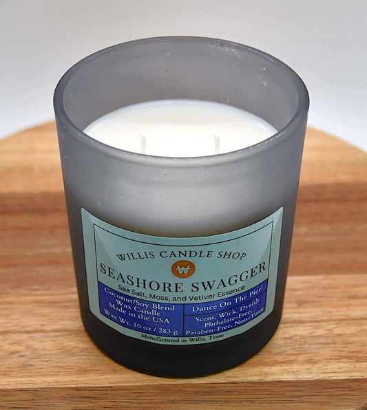 Double wick candle with white wax and Seashore Swagger Fragrant candle option.