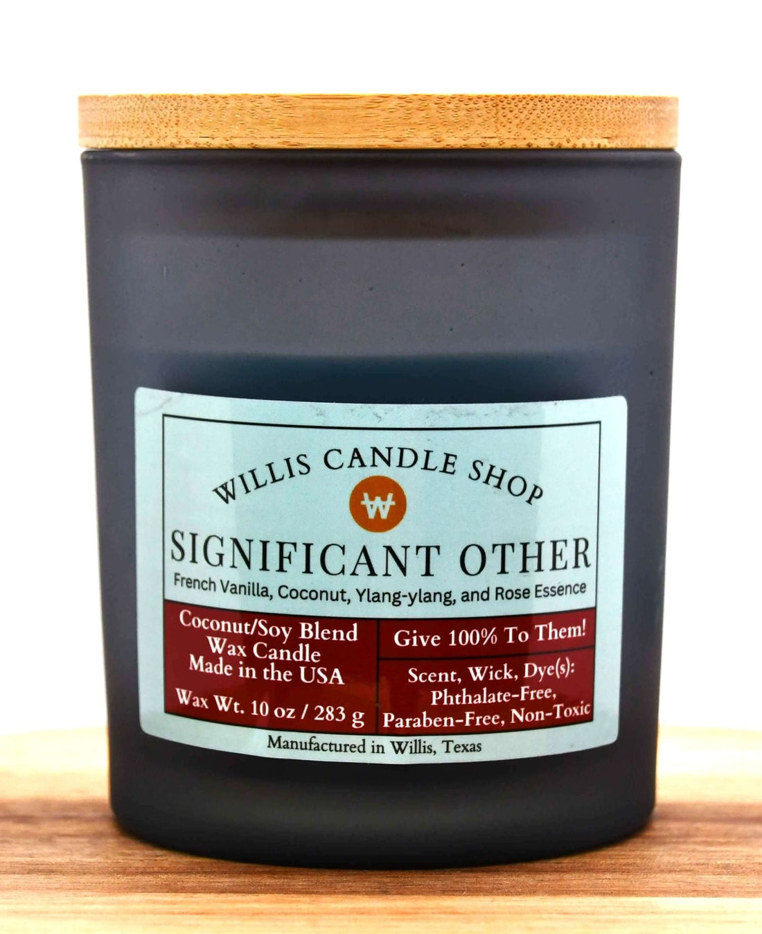Black frosted glass candle with bamboo lid and Significant Other scent.